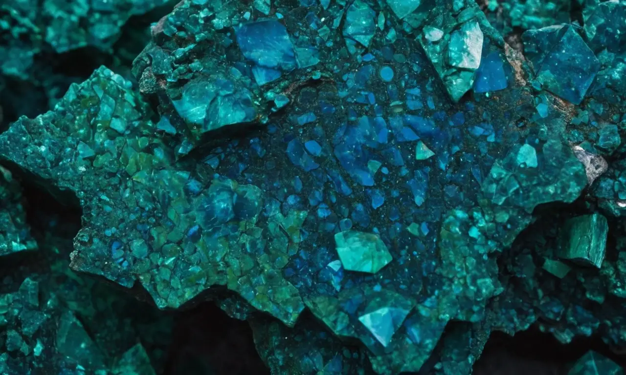 Un cristal de shattuckite azul-verdoso brilla con patrones intrincados