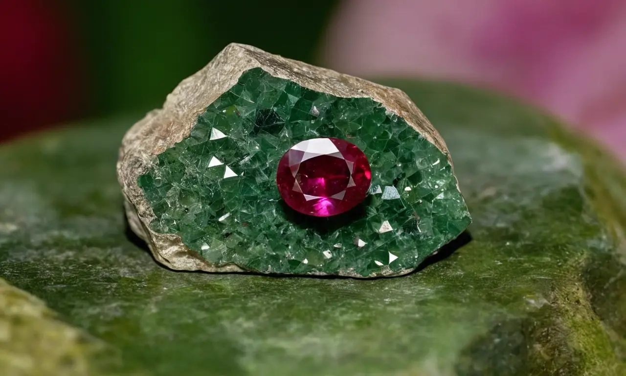 Un zafiro verde intenso con inclusiones rubíes cautiva por su belleza natural