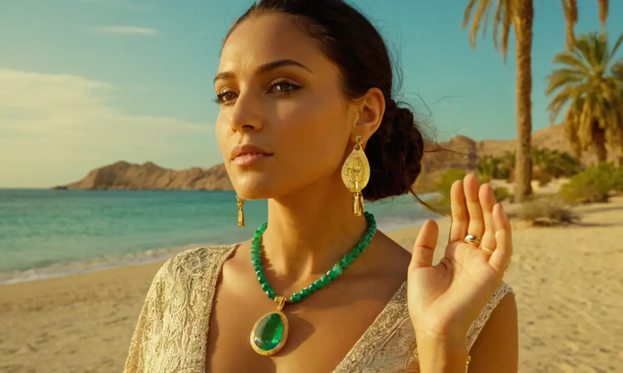 Una mujer radiante con peridot egipcia en un paisaje mágico