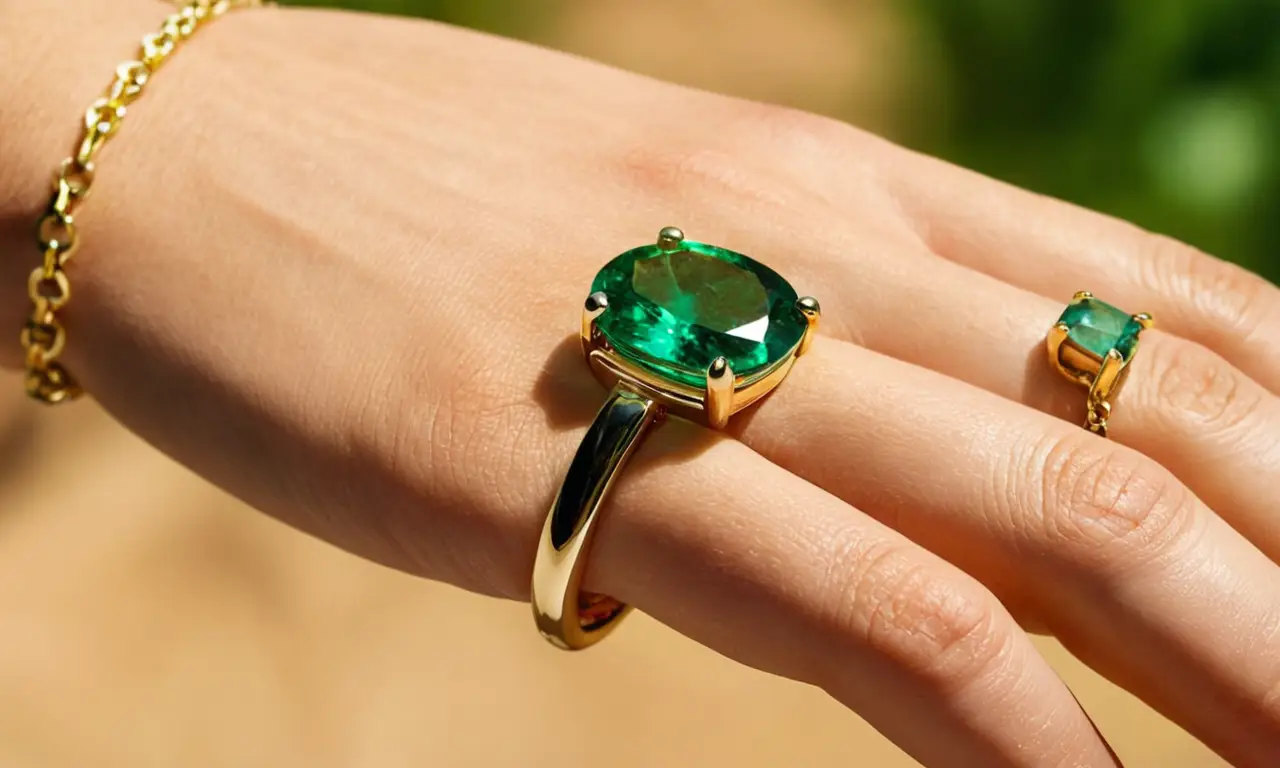 Joyas verdes brillantes adornan la mano con belleza natural