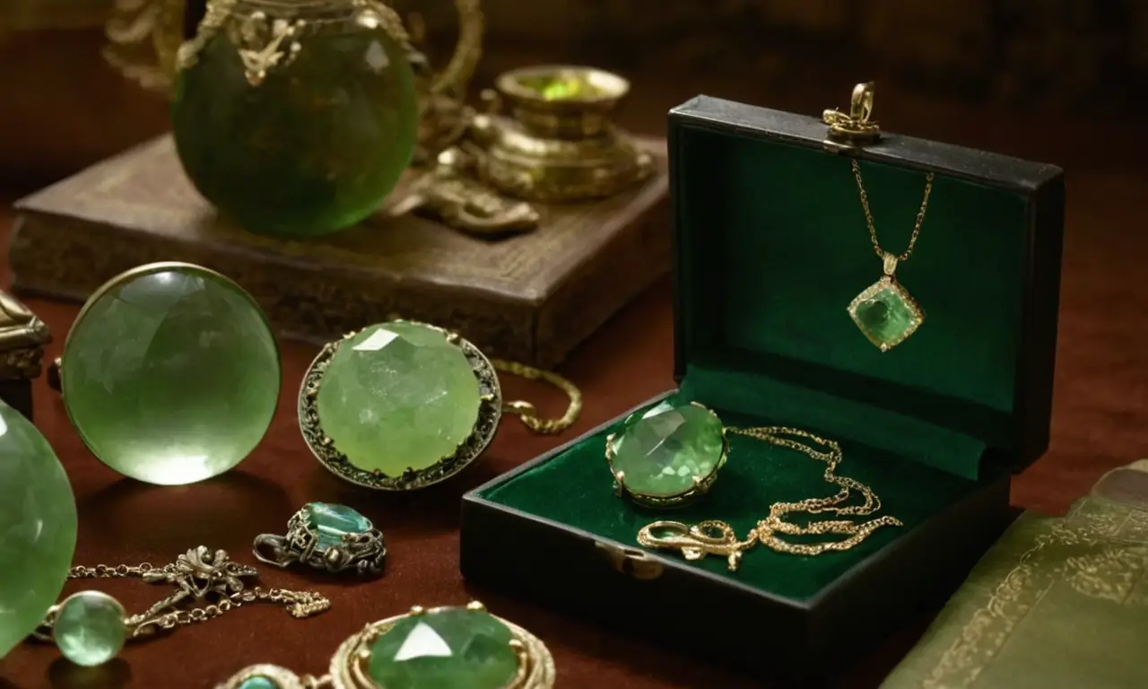 Una mujer admira un collar de prehnita verde esmeralda