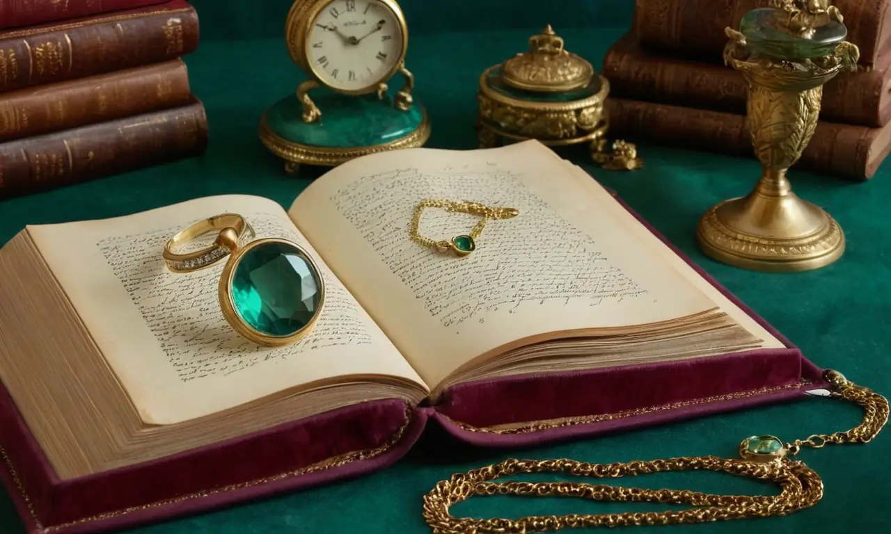 Un escenario misterioso con joyas antiguas y objetos de escritura