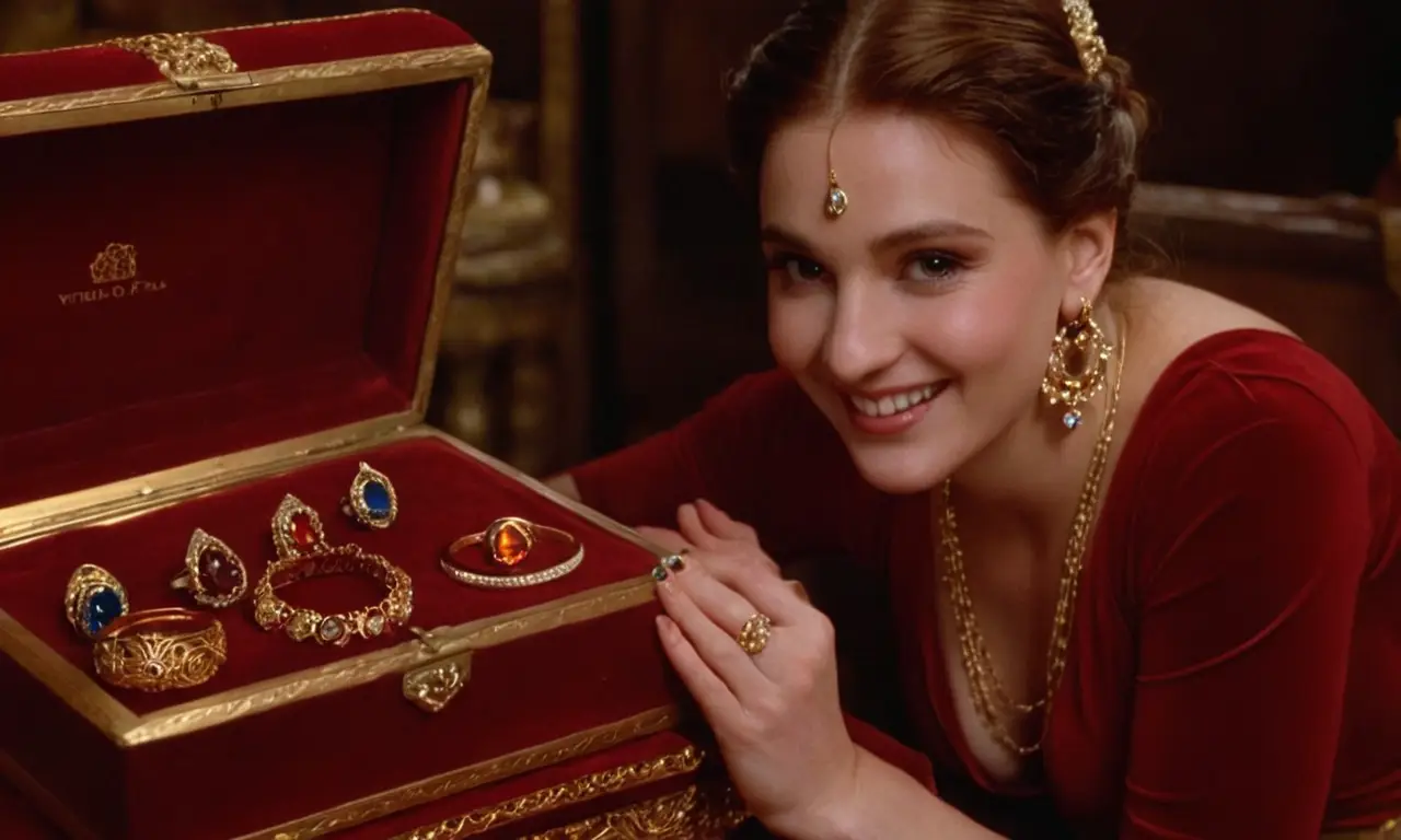 Una mujer admira la belleza de joyas antiguas y brillantes