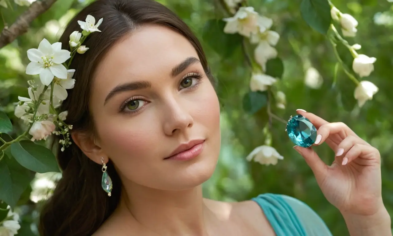 La mujer contempla con asombro un turquesita entre hojas verdes y flores blancas