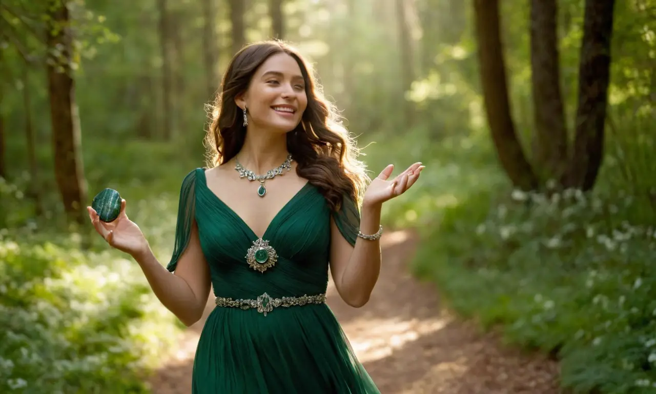 Una mujer serena disfruta de la belleza natural con un cristal verde esmeralda