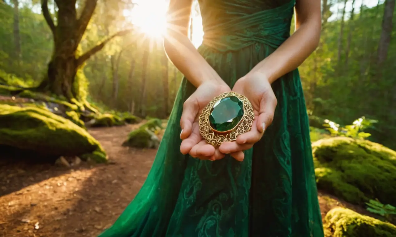 Una mujer con vestido dorado se refugia bajo un árbol antiguo, protegida por una piedra esmeralda