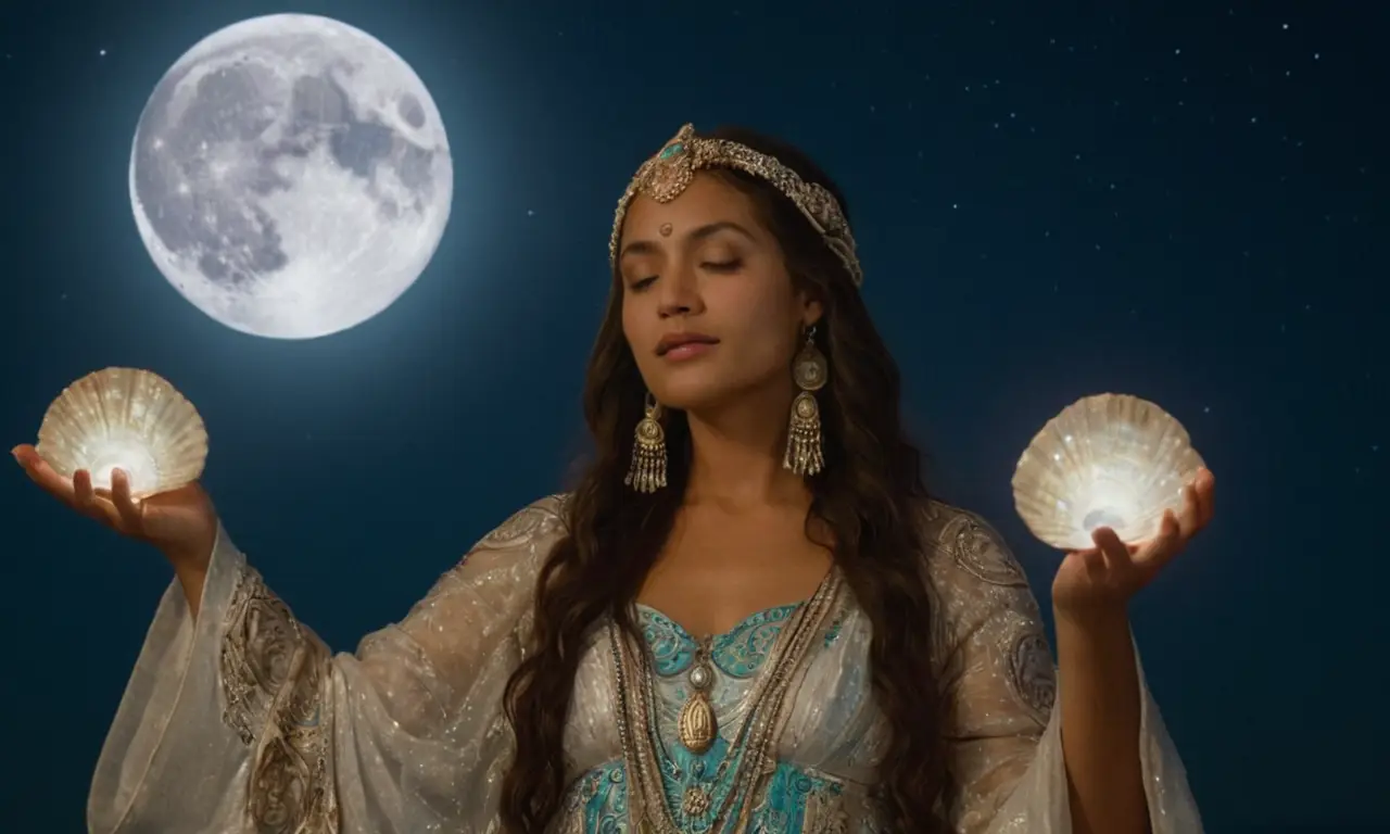 Una anciana sabia con vestimentas fluidas evoca energía mística bajo la luz de la luna y las estrellas
