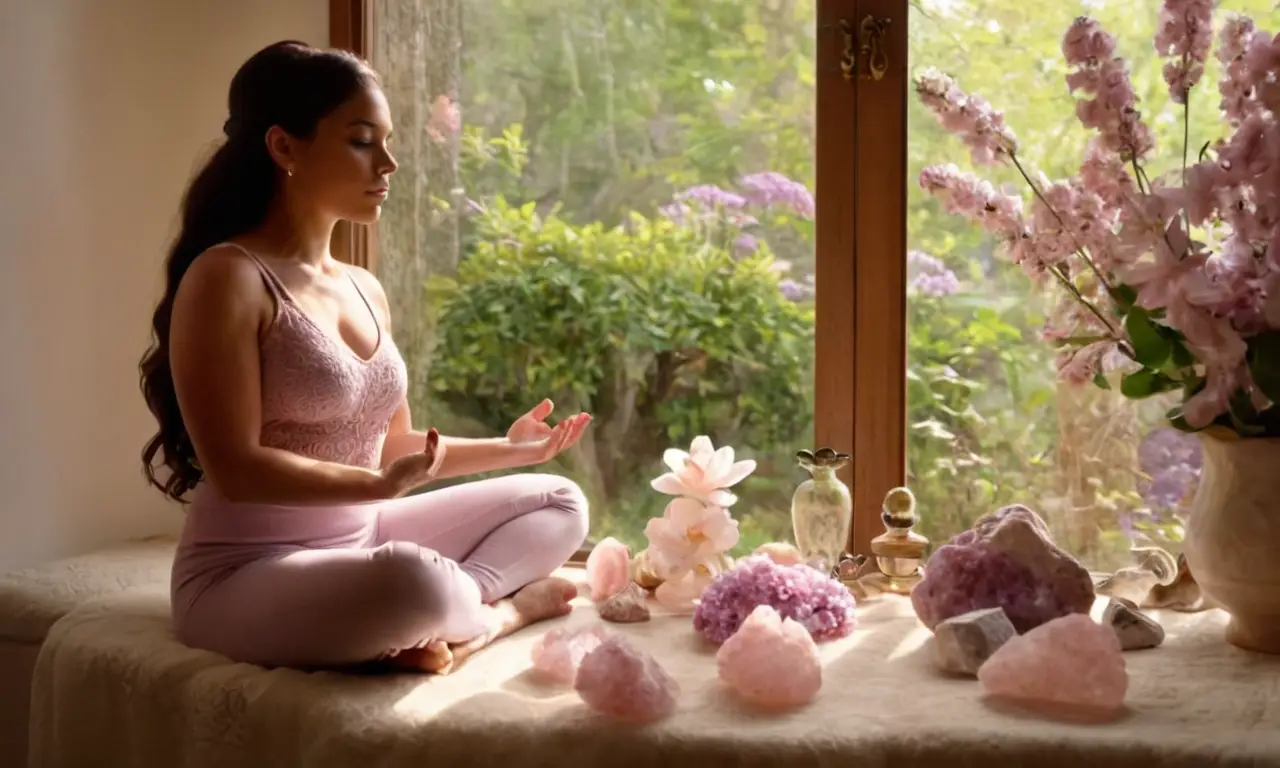 Una escena de paz y armonía con cristales y flores