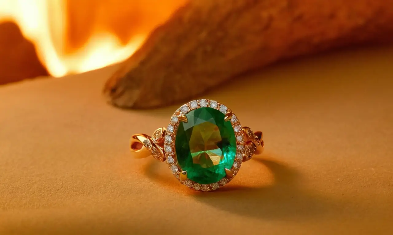 Un esmeralda brillante brilla en una joya de oro con diamantes