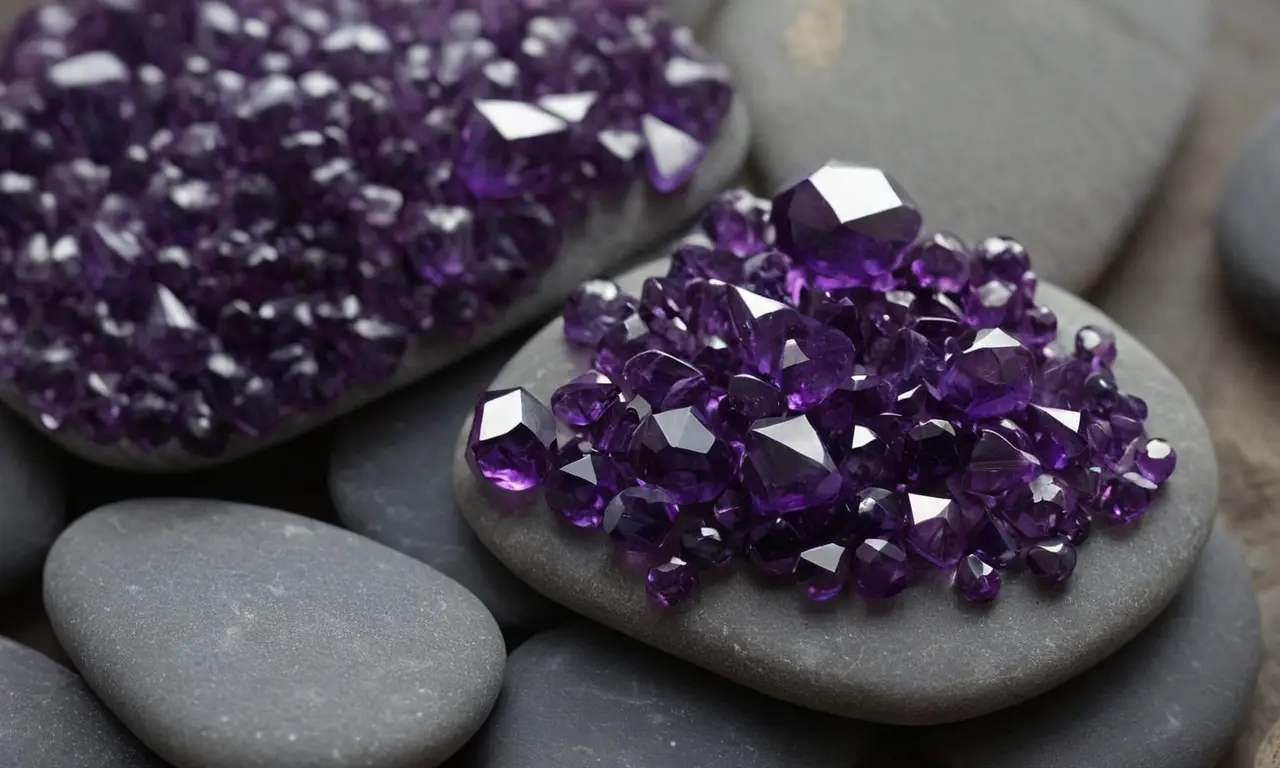 Cristales de sugilita púrpura brillan entre piedras grises bajo la luz del sol