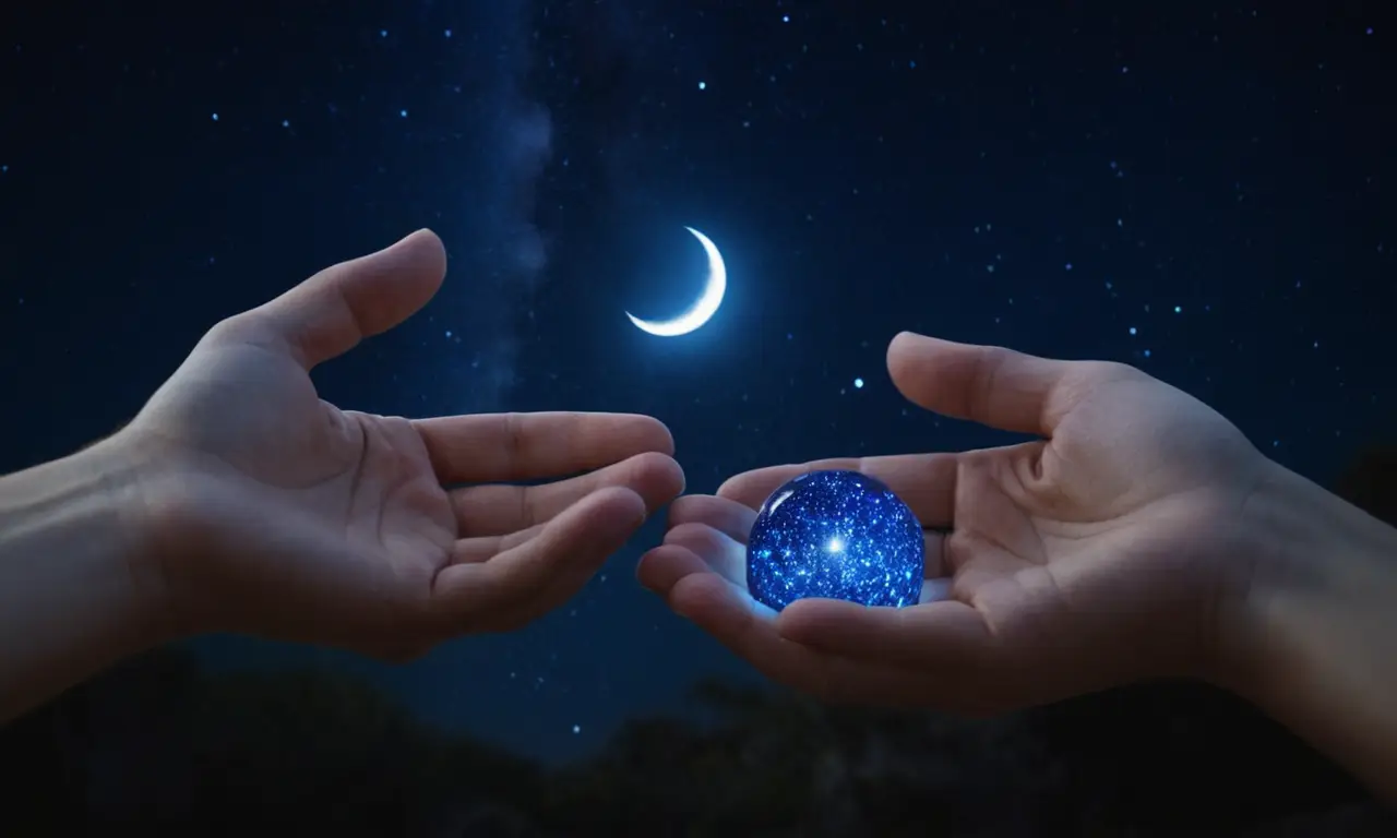 Una piedra azul celeste irradia sabiduría espiritual bajo un cielo nocturno mágico