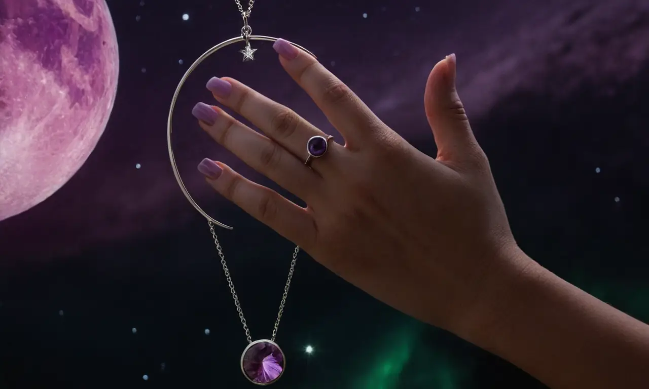 Un planeta púrpura con detalles brillantes y una mano que se acerca