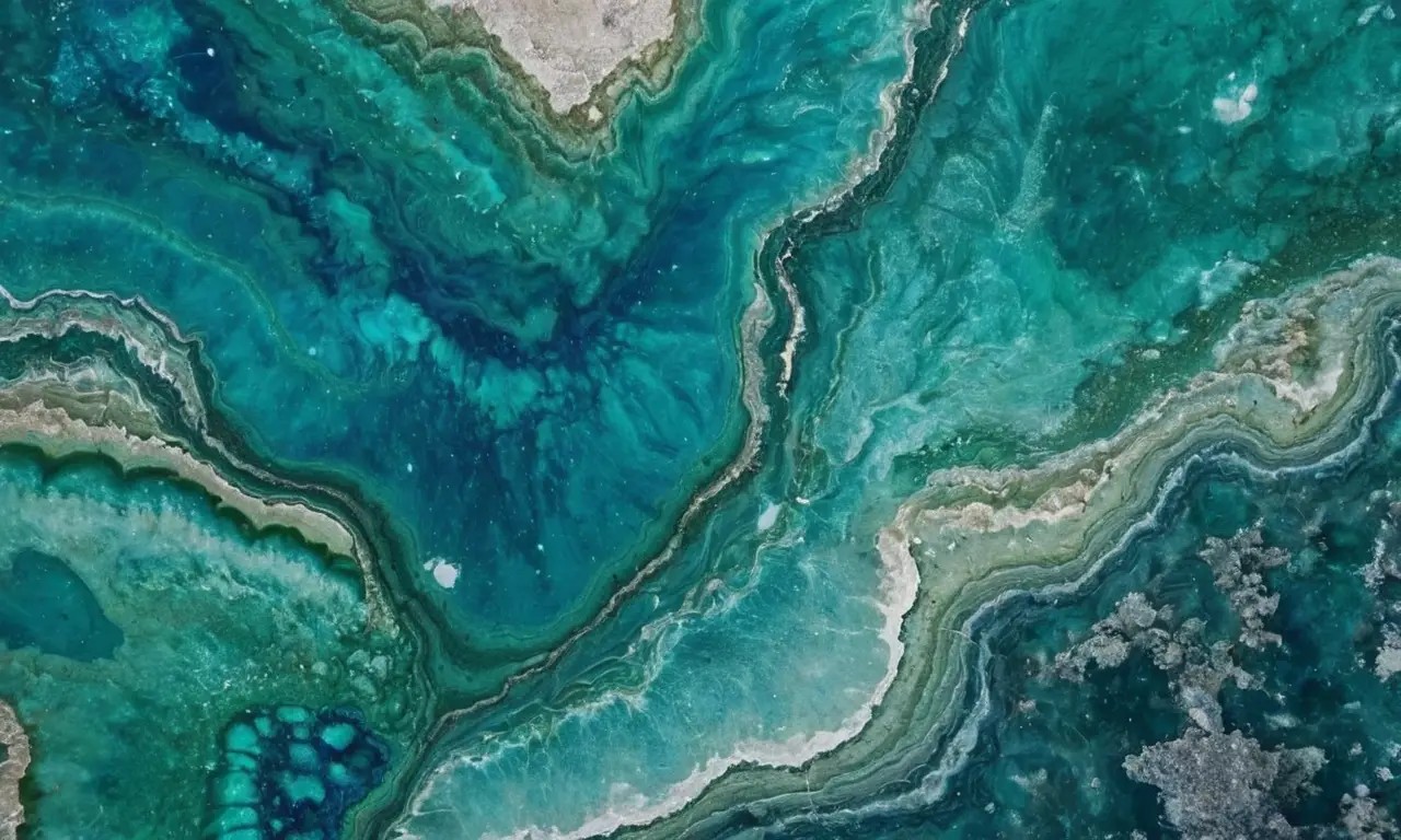 Una piedra preciosa de azul verdoso con vetas esmeralda y detalles brillantes
