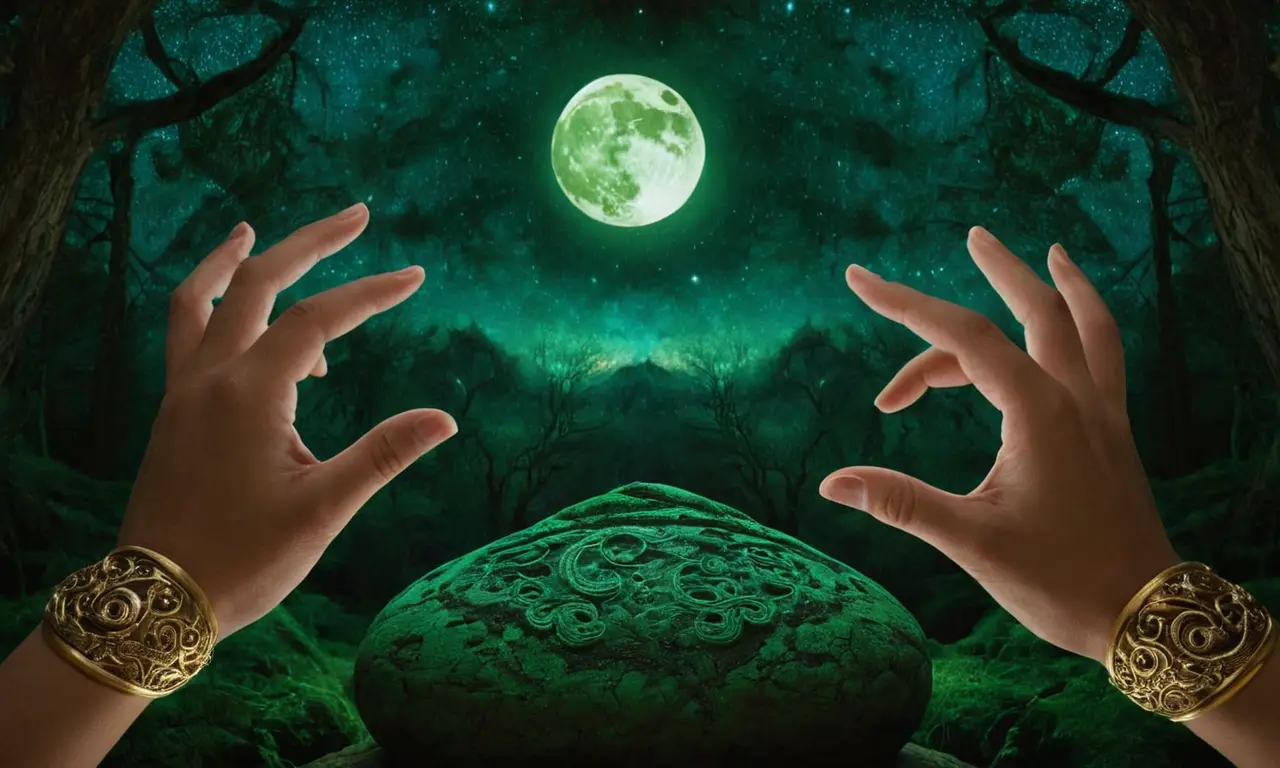 Un objeto mágico emerge de la oscuridad bajo un cielo nocturno