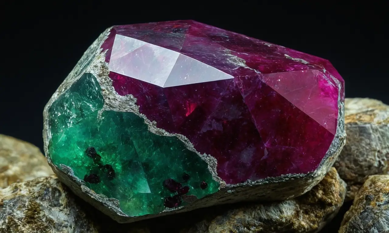 Una piedra de zoisite verde esmeralda con inclusiones rubíes, tallada y pulida