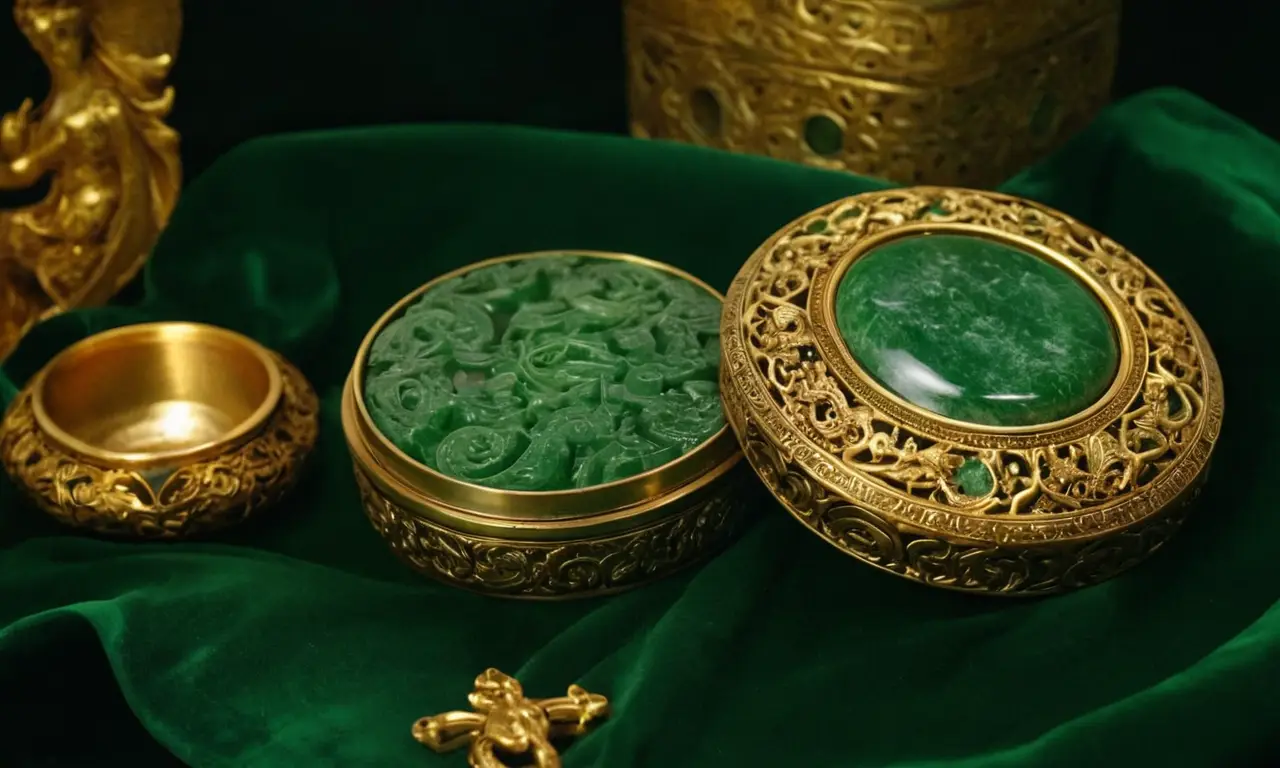Tesoros de jade verde esmeralda con grabados celestiales y símbolos místicos