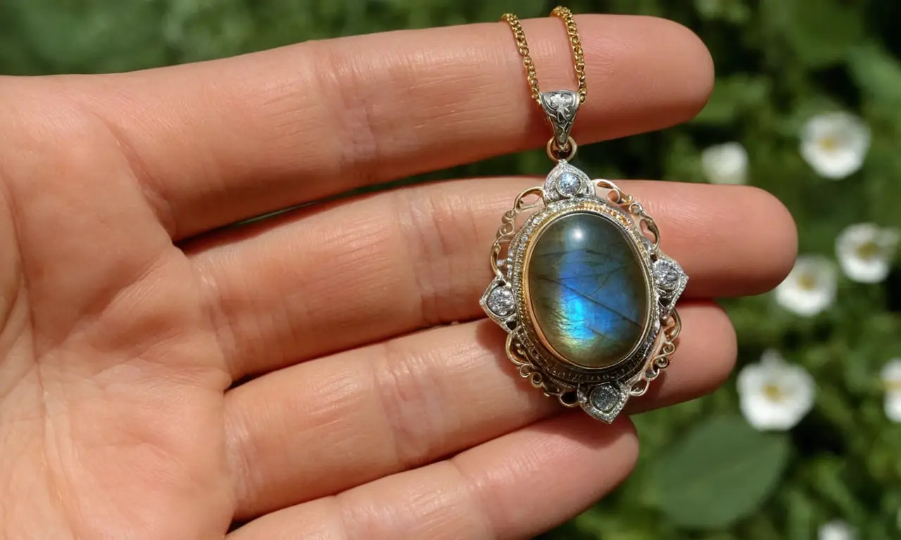 Un collar de labradorita brilla con luz solar en una caja de joyas antigua