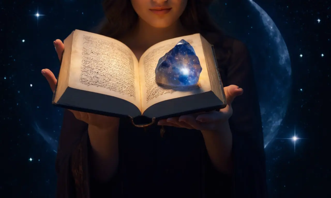Una mujer descubre secretos antiguos bajo la luz de un cielo estrellado