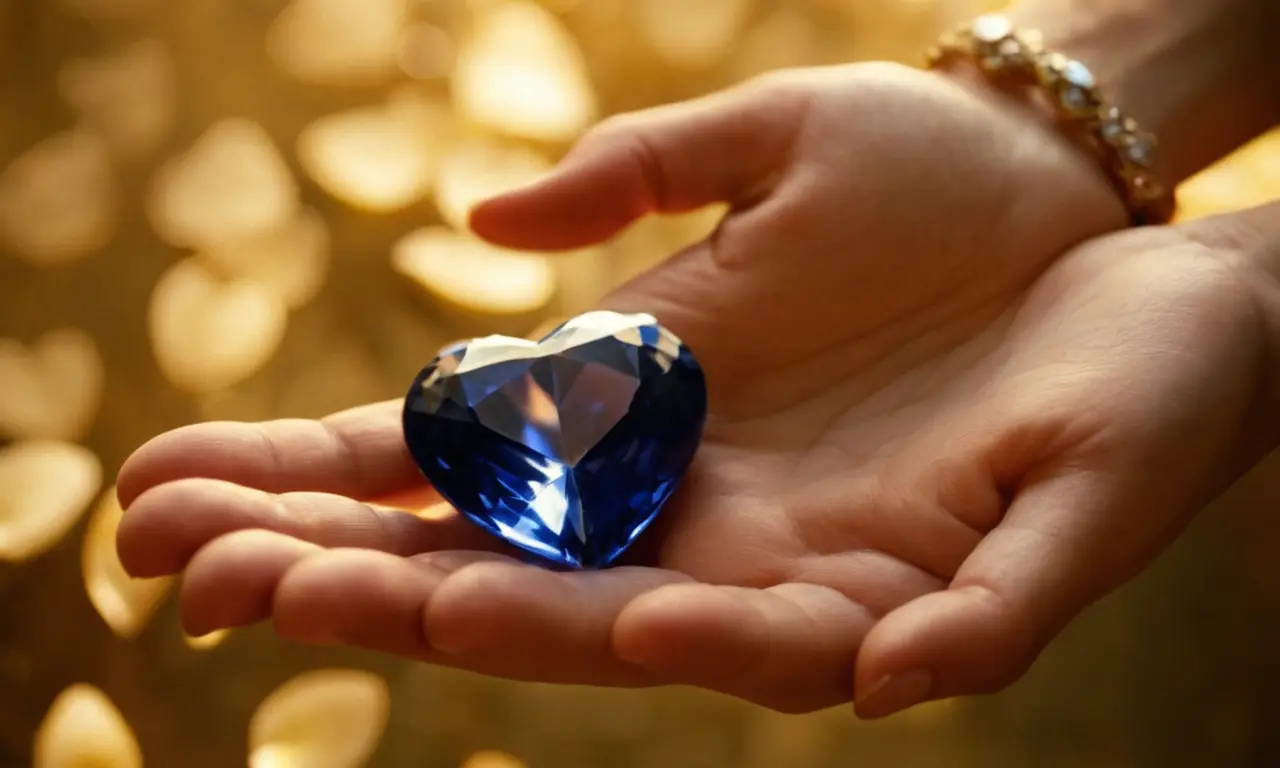 Un corazón azul protegido por runas doradas y pétalos rojos