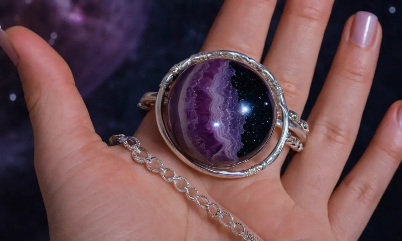 Un planeta púrpura con un anillo plateado y una mano que se acerca bajo la luna creciente