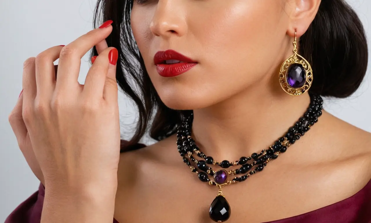 Una mujer luce joyas volcánicas con detalles brillantes