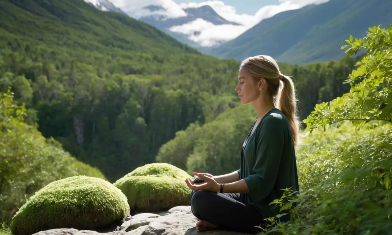 Una mujer medita en paz rodeado de naturaleza verde y brillante