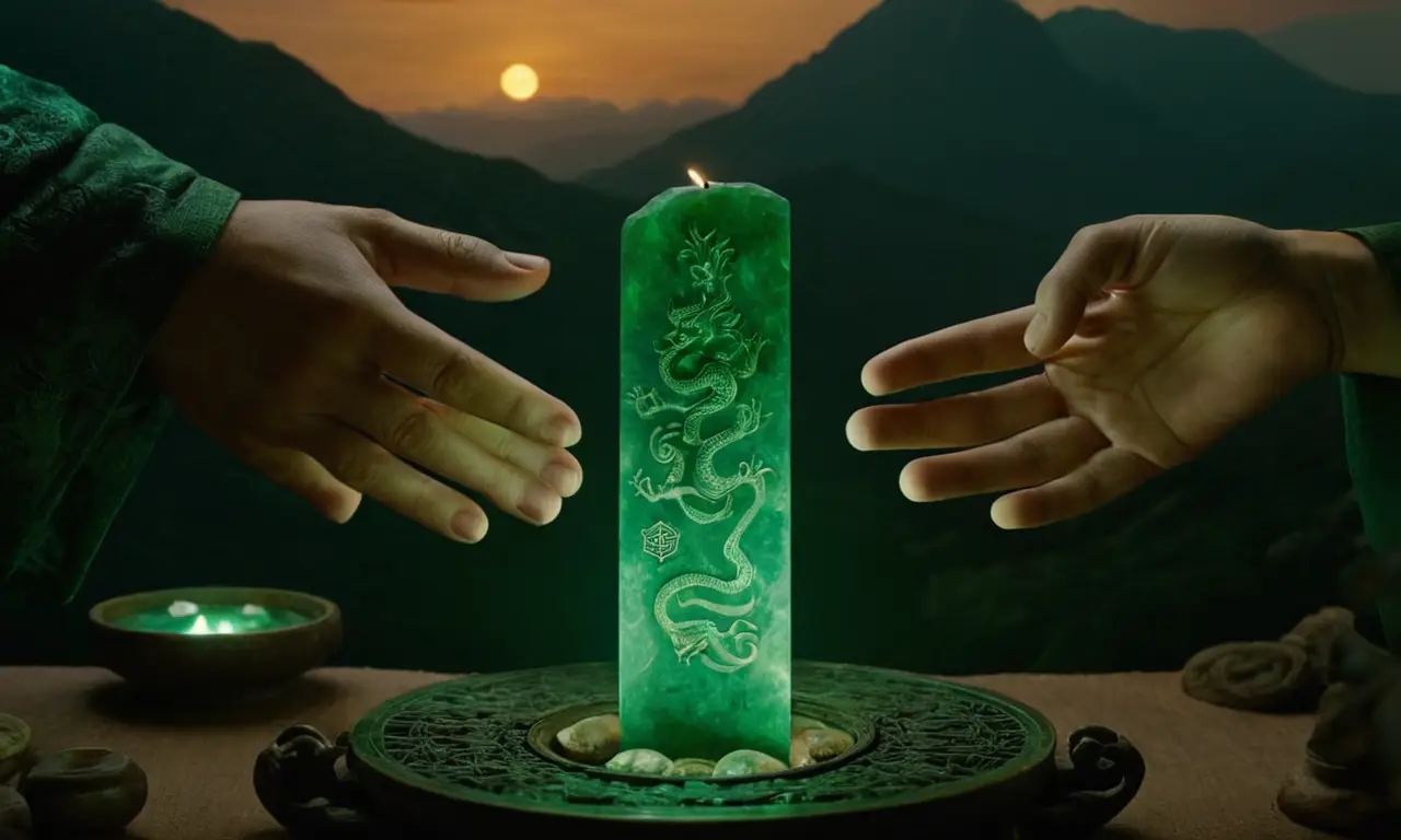 Un escenario místico de jade, agua y criaturas legendarias bajo la luna