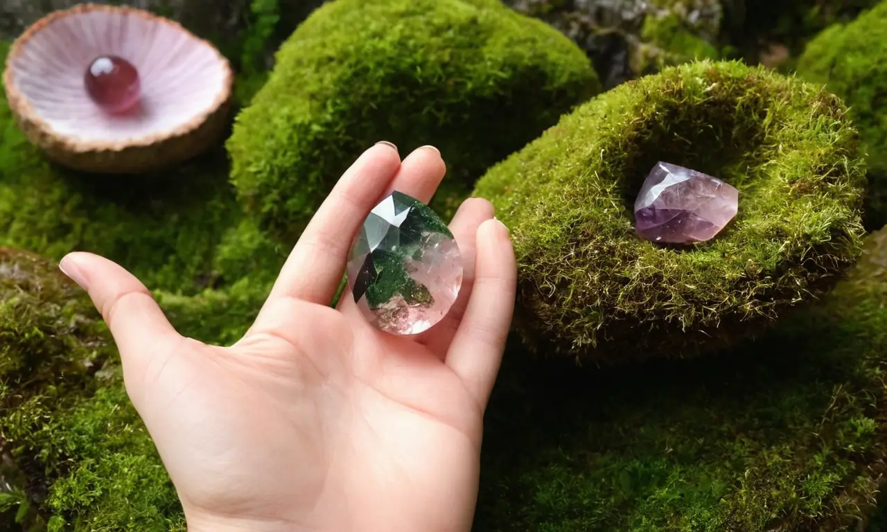 Una escena mágica de cristales, naturaleza y misterio