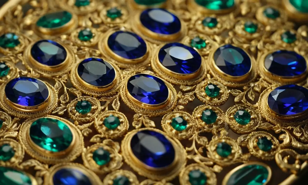 Un diseño de joyas azul profundo y brillante con detalles dorados y diamantes
