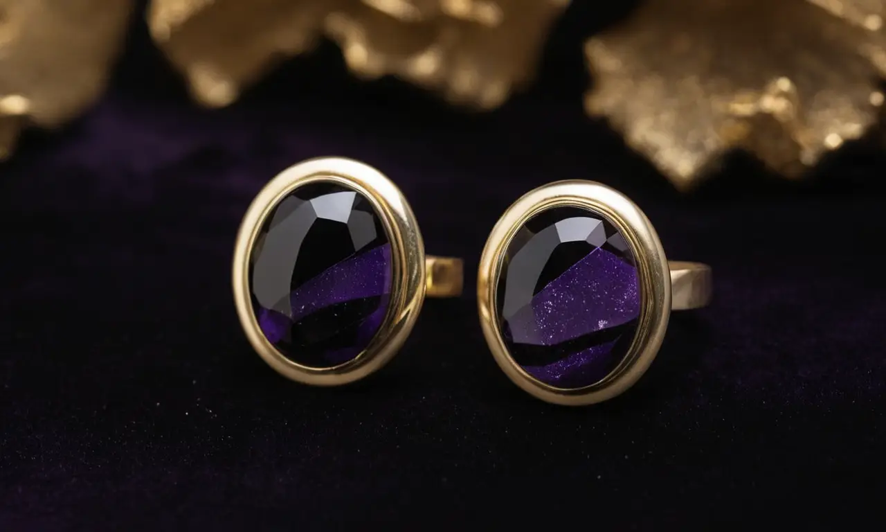 Aretes modernos de obsidiana negra con detalles dorados sobre fondo de terciopelo