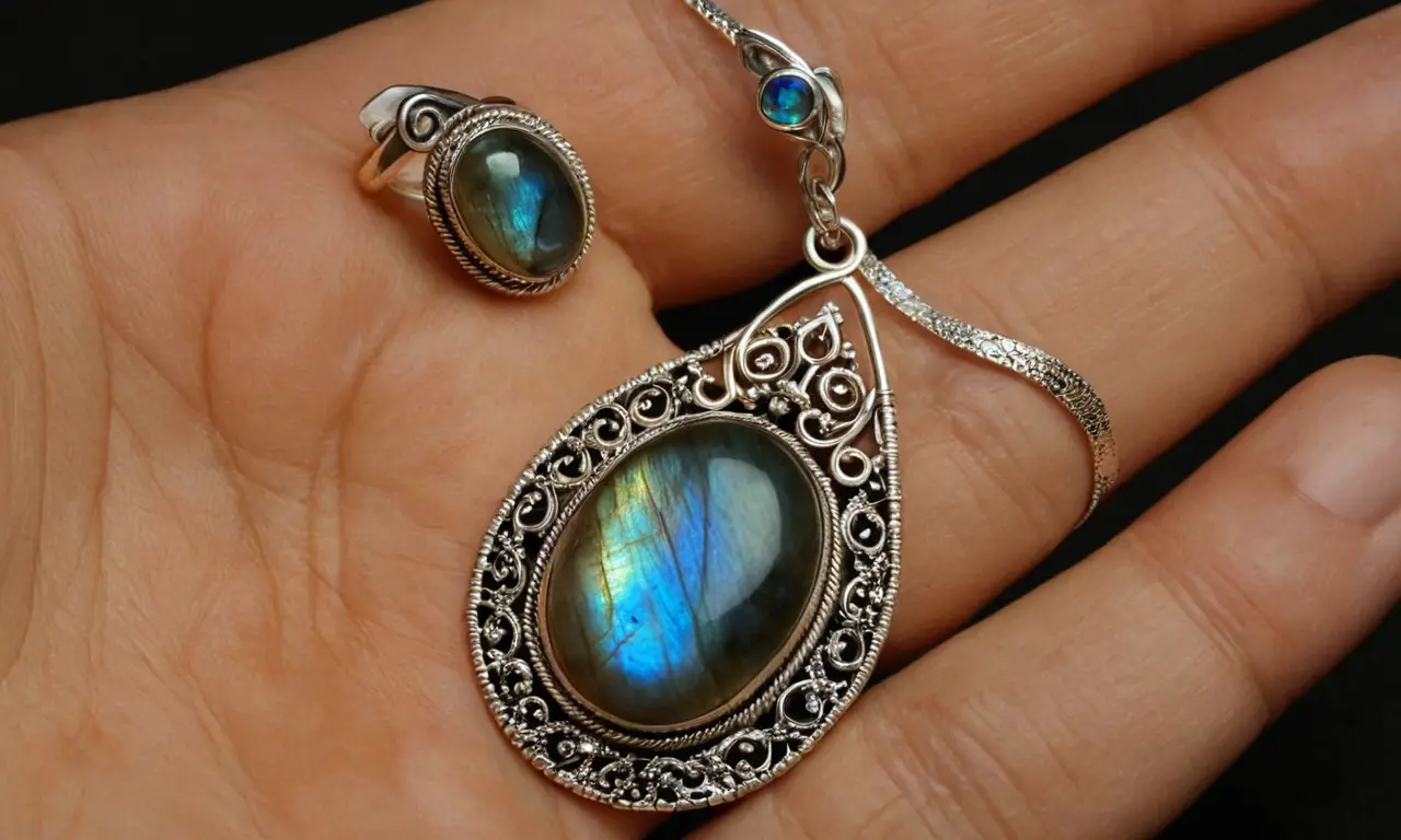 Joyas de labradorita brillan con colores iridiscentes en un fondo oscuro