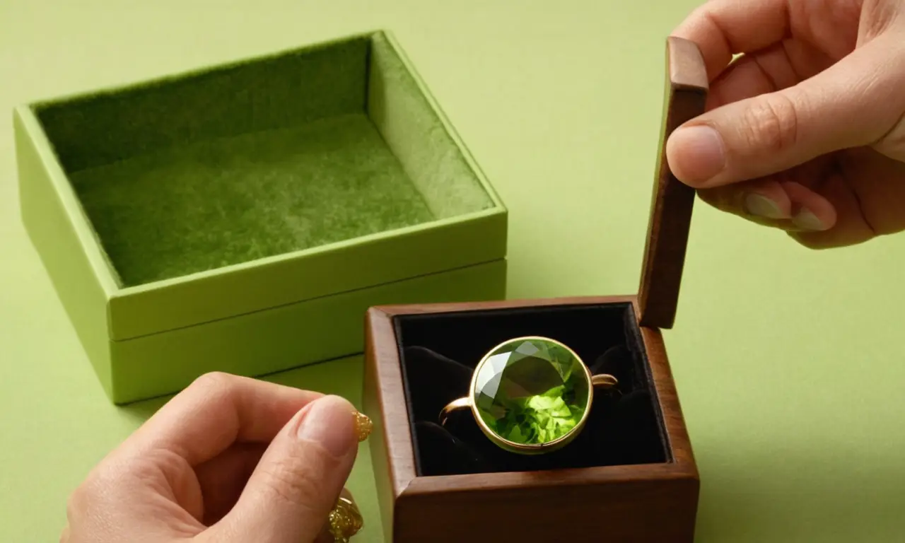 Un peridot verde esmeralda brilla en una caja de madera oscura
