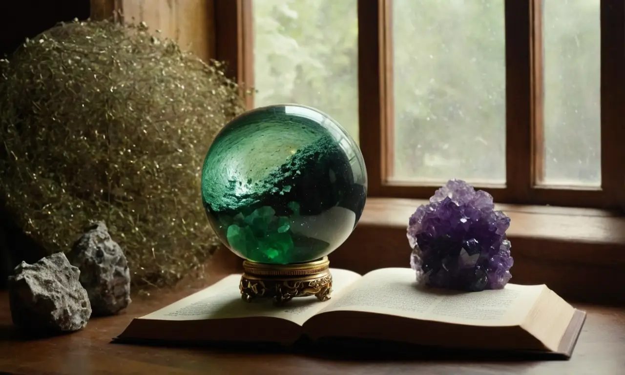 Un rayo de sol ilumina una escena mágica con cristales y energía vibrante