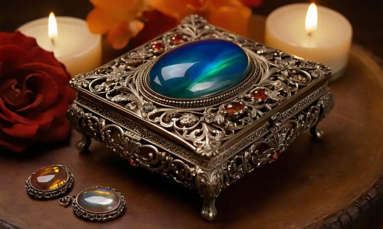 Joyas antiguas con colores vibrantes y detalles intrincados brillan bajo la luz tenue