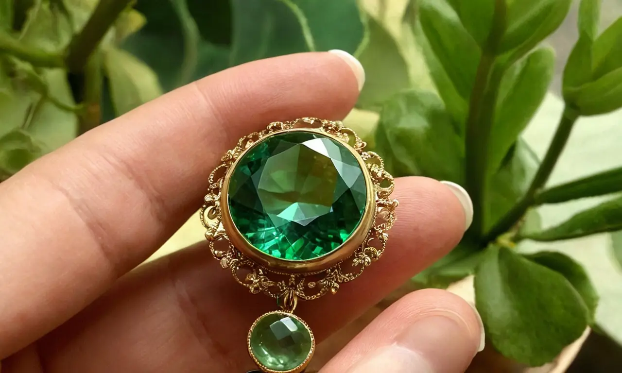 Una mano femenina descubre un colgante de prehnita verde esmeralda