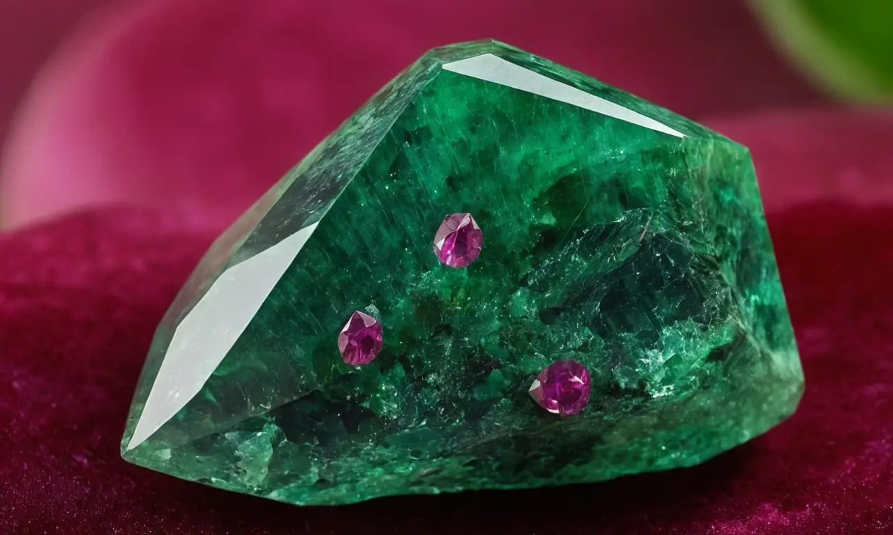 Una piedra de zoisite verde esmeralda con inclusiones rubíes, tallada y pulida