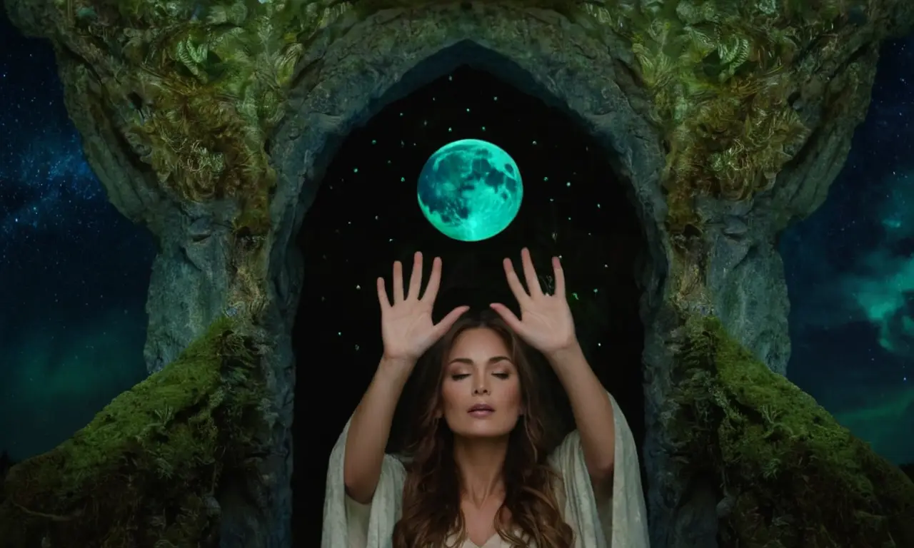 Una mujer etérea emerge de una cueva mágica bajo un cielo nocturno lleno de estrellas