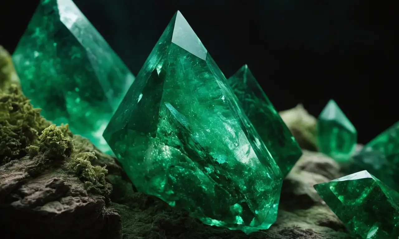 Cristales verdes profundos irradian energía cósmica y belleza etérea