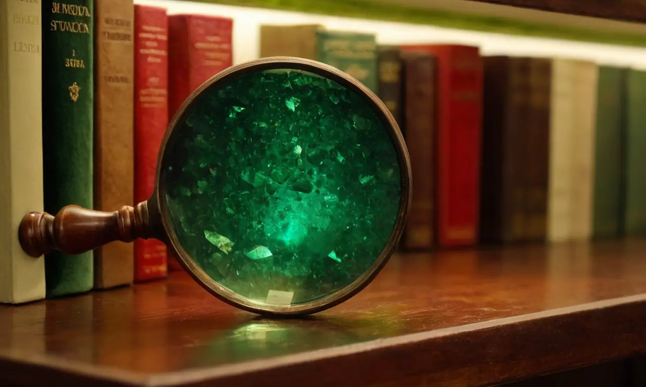 Una joya verde con inclusiones rojas se exhibe en una tienda antigua